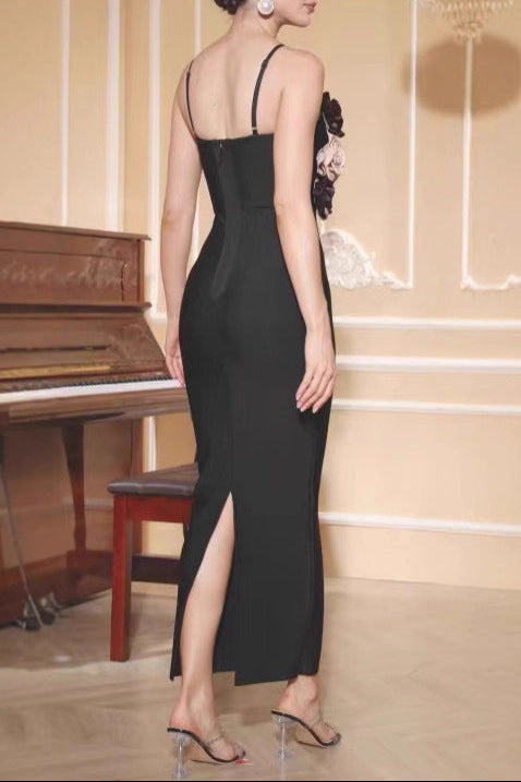 teresa 3d flower Spaghetti strap maxi dress in black Avalabel