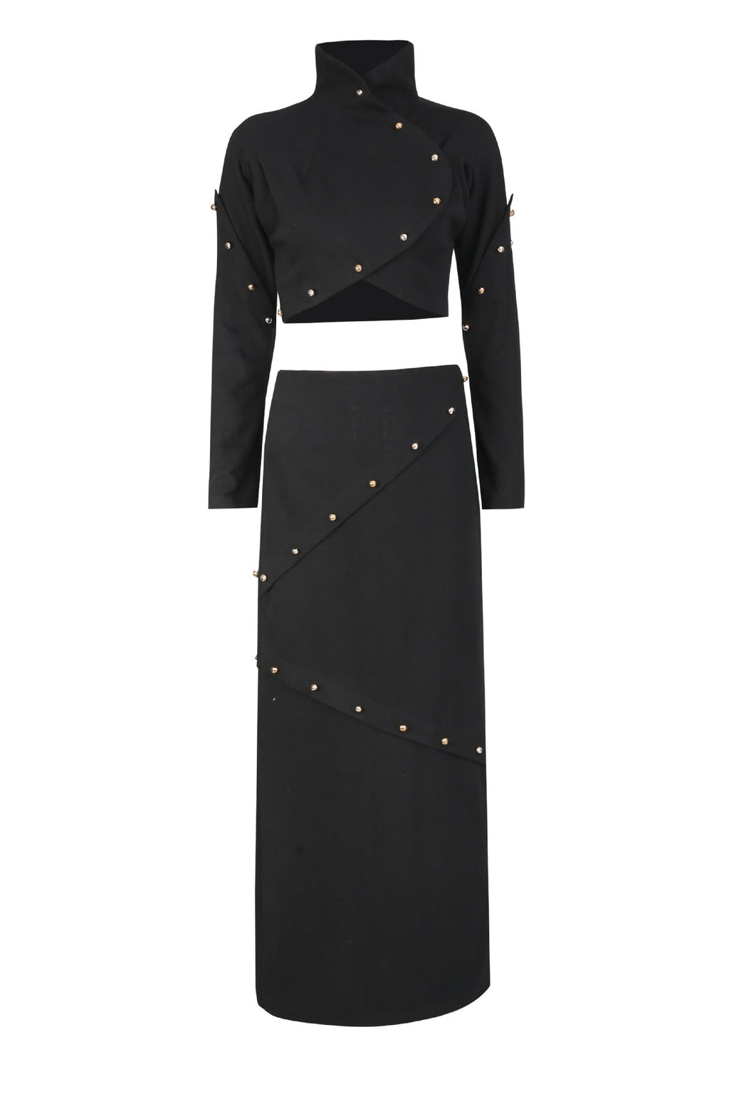 Button-embellished cotton-jersey top maxi skirt suit in black Avalabel