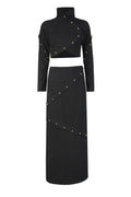 Button-embellished cotton-jersey top maxi skirt suit in black Avalabel