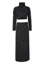 Button-embellished cotton-jersey top maxi skirt suit in black Avalabel
