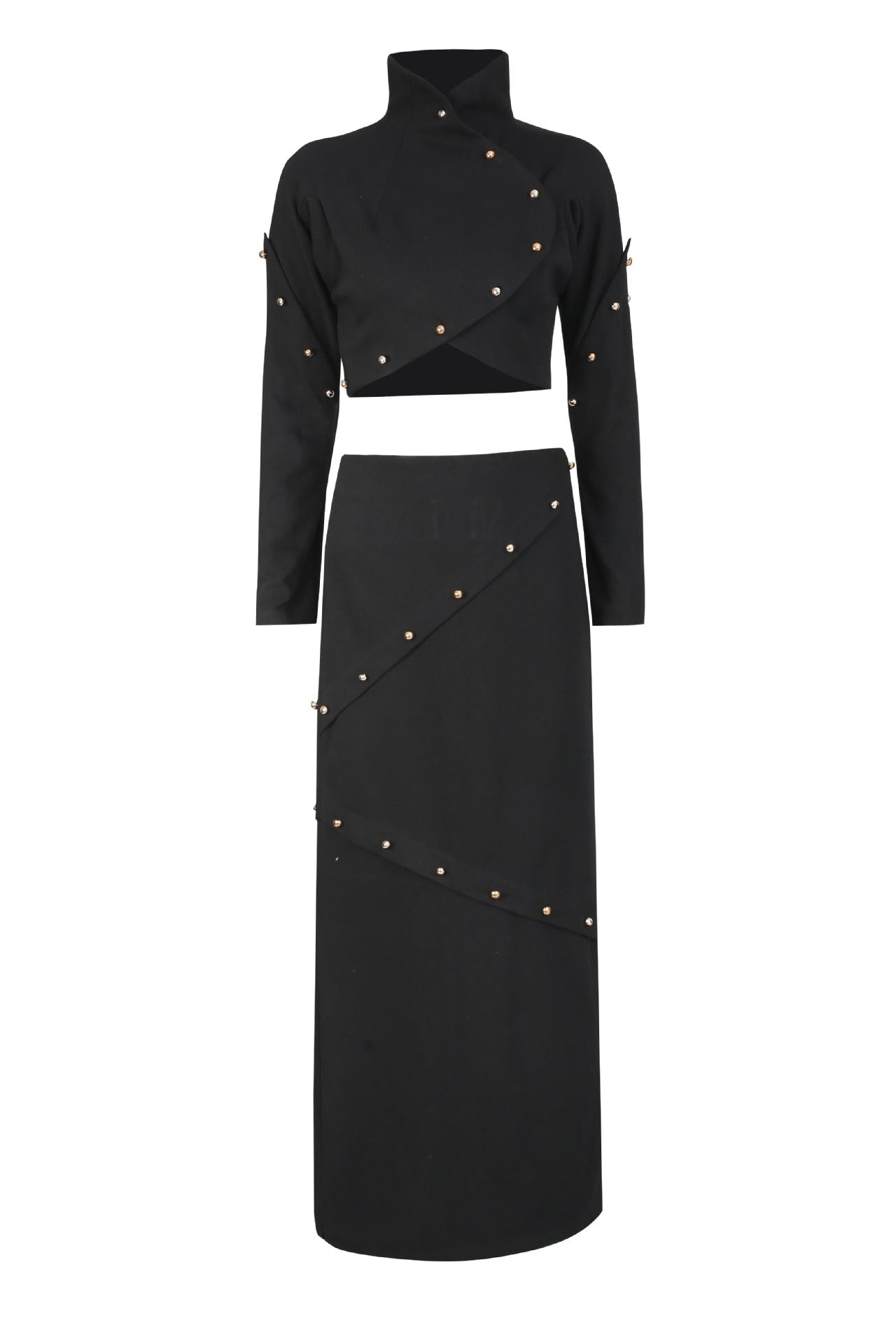 Button-embellished cotton-jersey top maxi skirt suit in black Avalabel