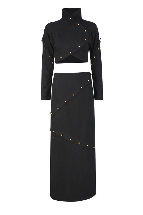 Button-embellished cotton-jersey top maxi skirt suit in black Avalabel