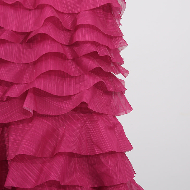 Cathy Pleated Layer Strapless Maxi Dress in Rose Red Avalabel