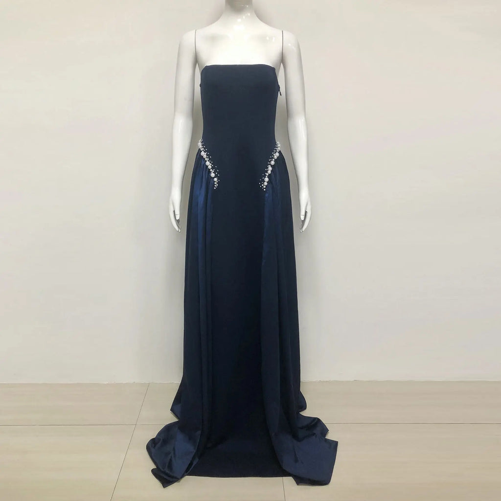 samantha Dark Blue Pearls Embroidered strapless maxi Dress Avalabel