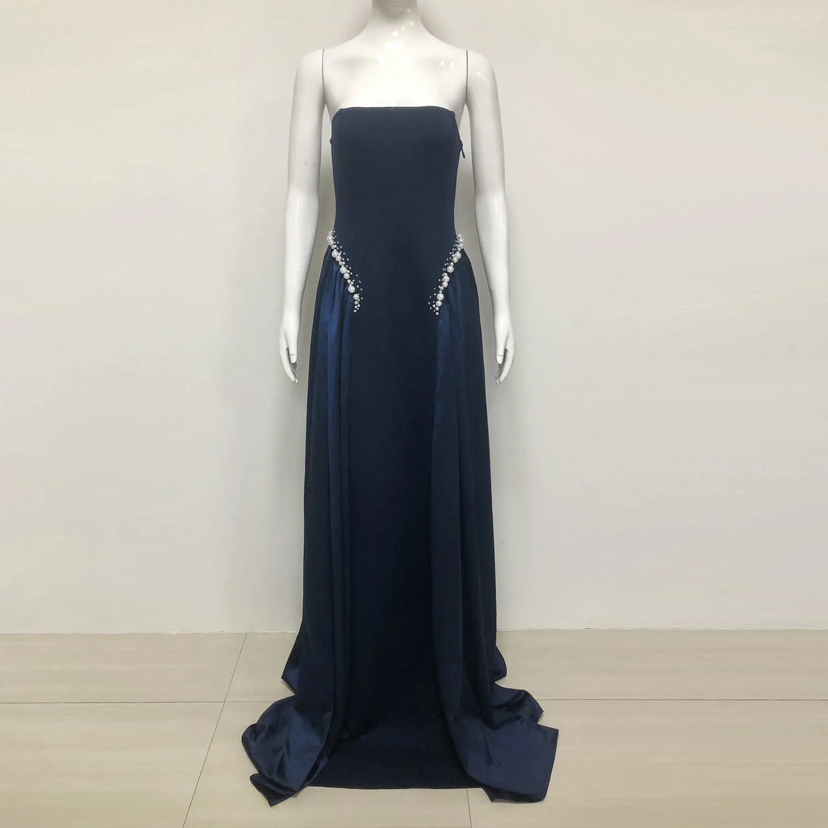 samantha Dark Blue Pearls Embroidered strapless maxi Dress Avalabel