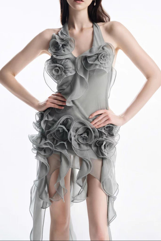 Melissa Grey Flower Asymmetric Folds Streame Mini Dress Avalabel