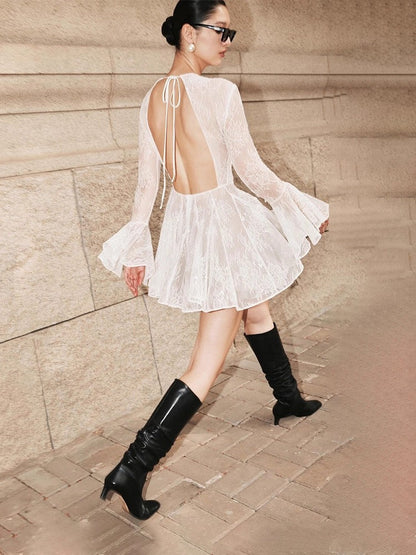 Bblythe Tulle Lace Backless Mini Dress in White