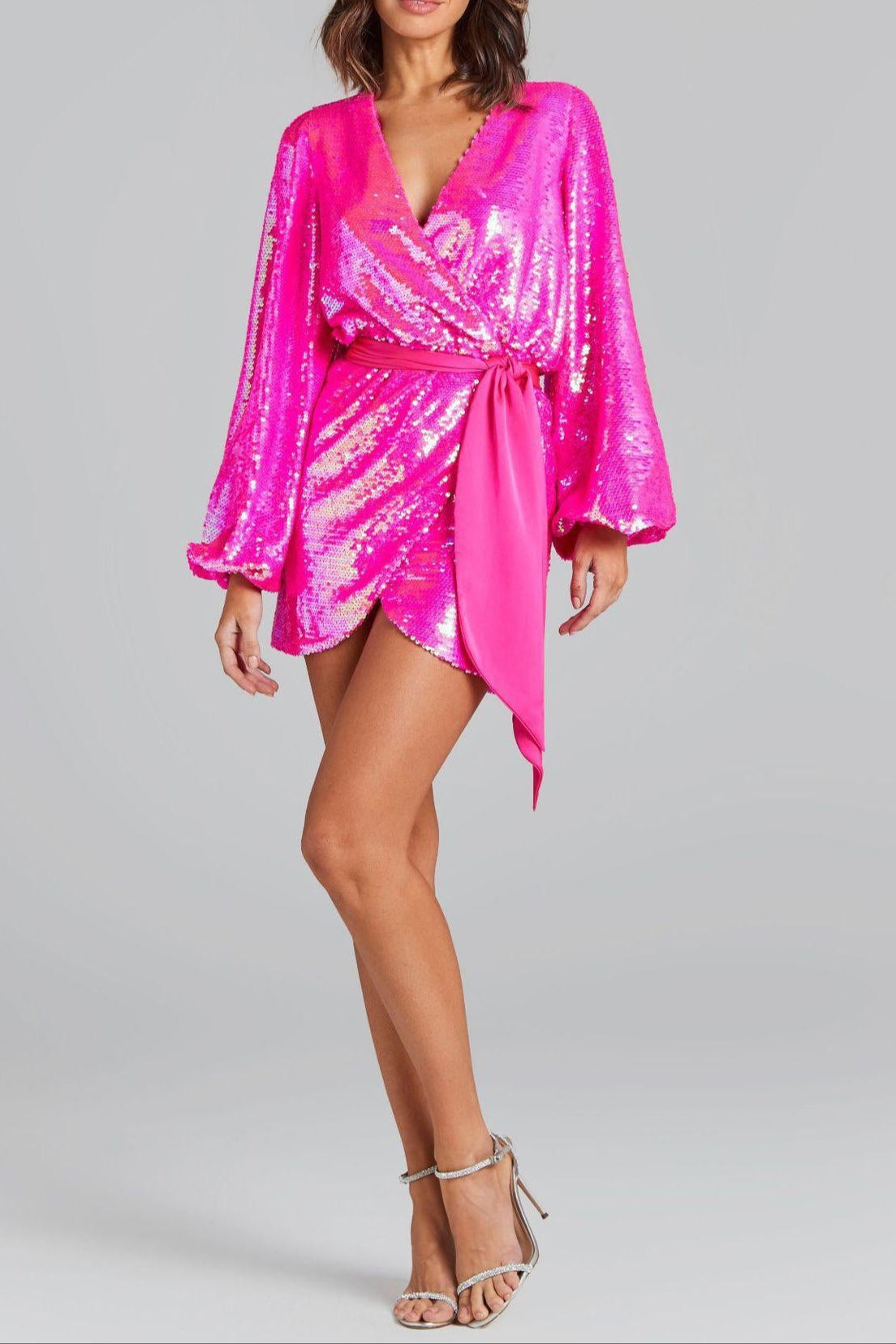 Irregular sequin slit mini dress in rose red Avalabel