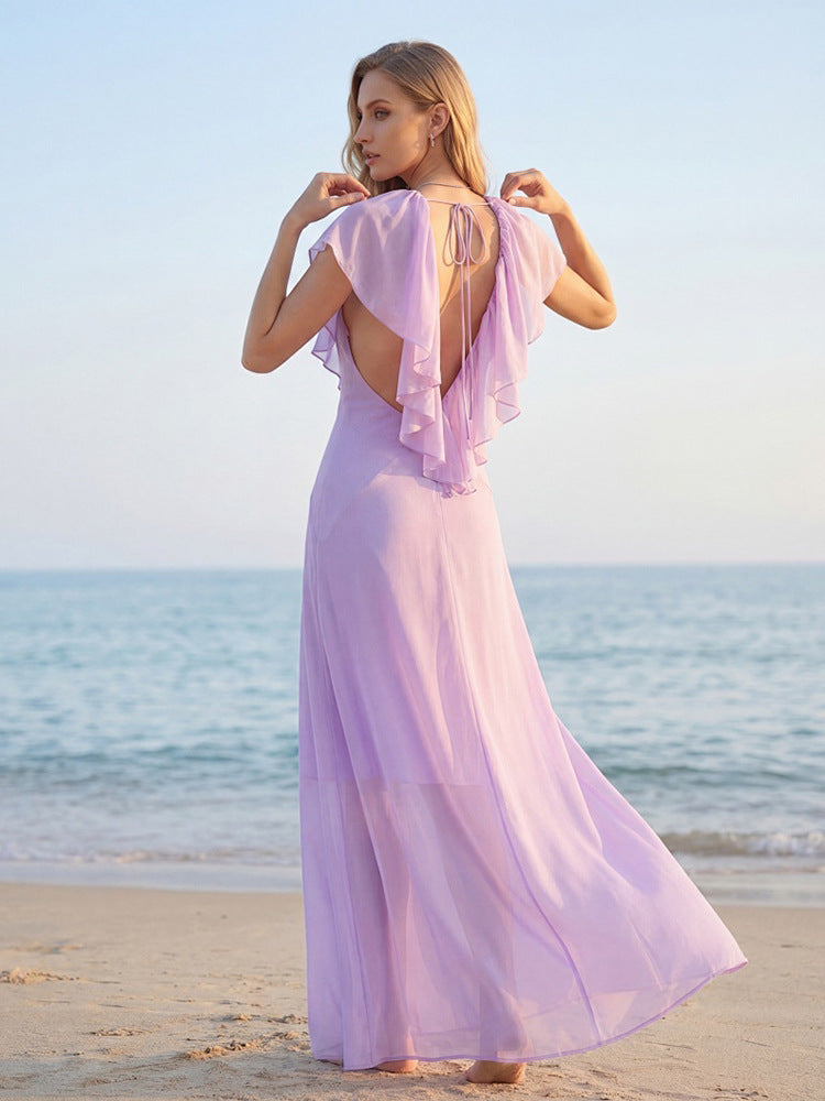 Simona Deep V-Neck Lace Backless Maxi Dress in Purple Avalabel