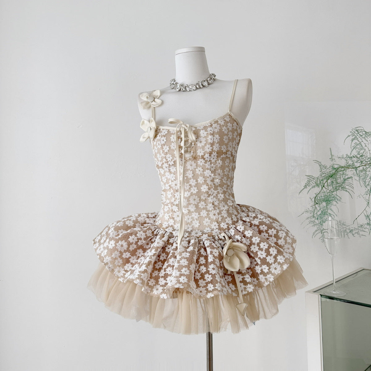 Eleanore Lace-Trim Floral-Decorated Slip Mini Dress in Apricot Avalabel