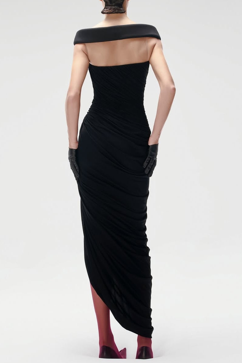 Lola Black Off-shoulder Asymmetrical-Draped High Slit Maxi Dress Avalabel