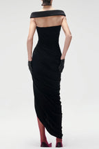 Lola Black Off-shoulder Asymmetrical-Draped High Slit Maxi Dress Avalabel