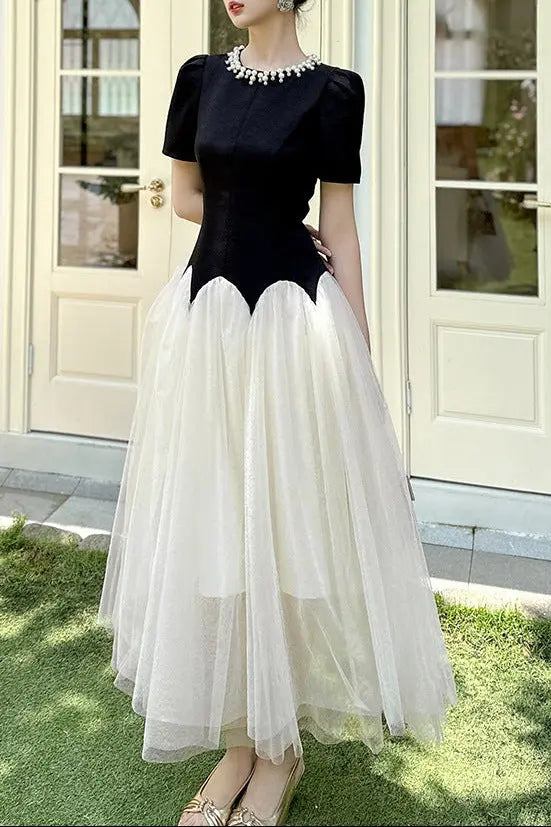 Leona Black-White Two-Tone Rhinestone Neck Tulle Maxi Dress Avalabel