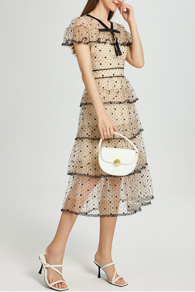 floral Embroidery pleated mesh midi dress in apricot Avalabel
