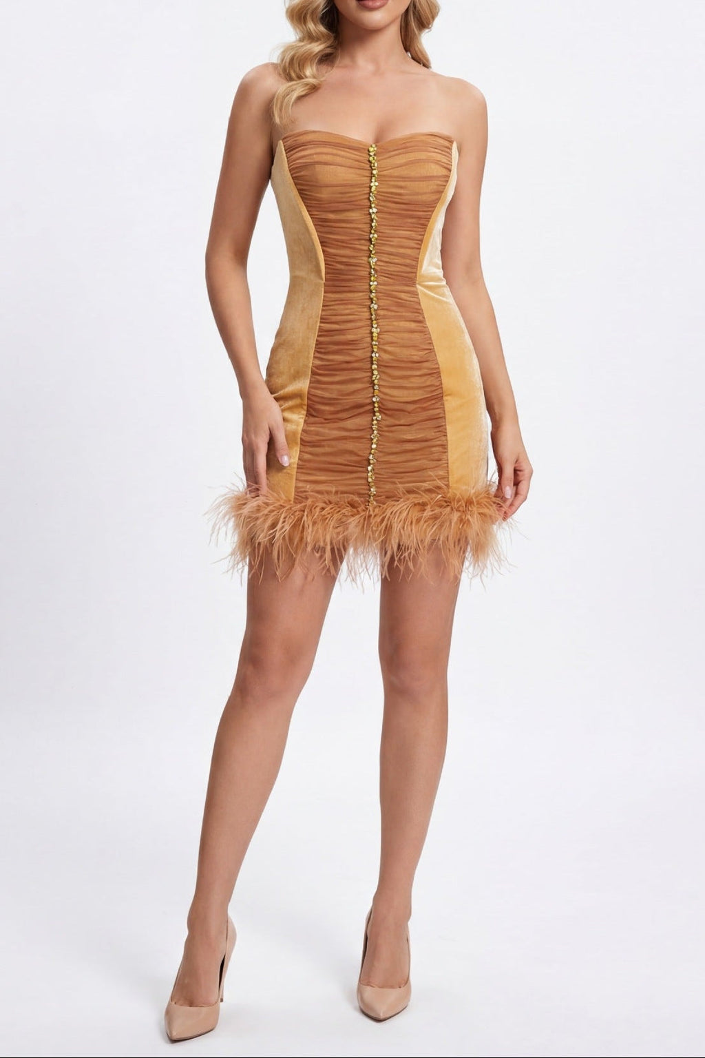 Anna Rhinestone Embellished Feather Strapless Mini Dress in Pale Brown Avalabel