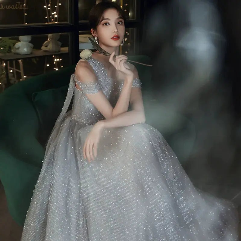 Dusty Blue one-shoulder pearl maxi evening dress Avalabel