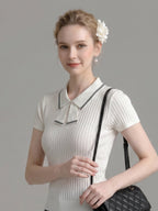 Striped Collar Bow Tie Ribbed Knit Short Sleeve Top poava