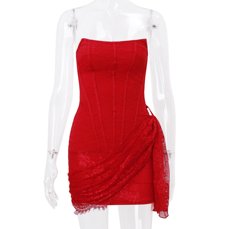 red Strapless Bandage Backless Floral Lace Corset Tube mini Dress Avalabel