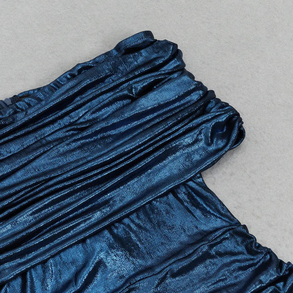 doris dark blue Contour Metallic Off Shoulder Ruched Maxi Dress Avalabel