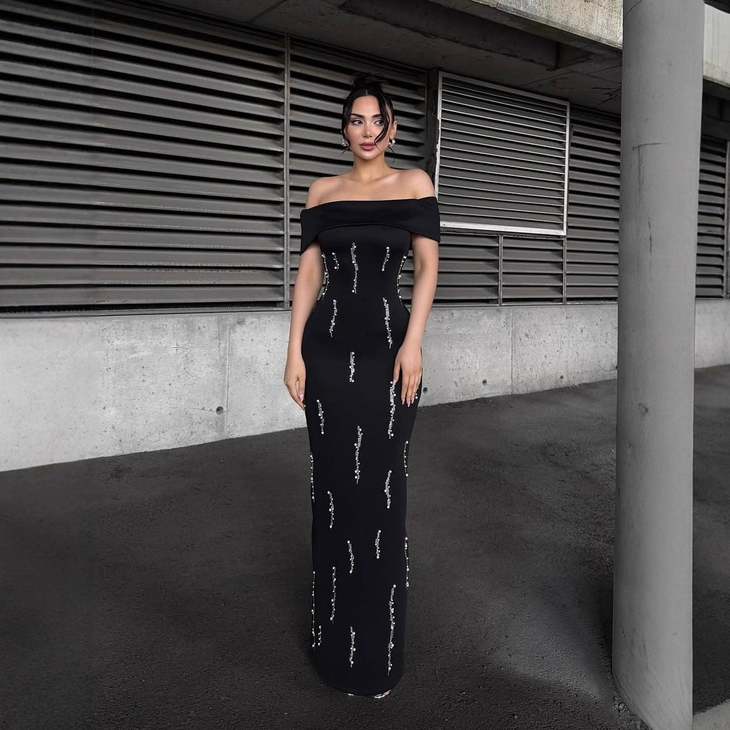 laurel Off-shoulder rhinestone bandage maxi dress in black Avalabel