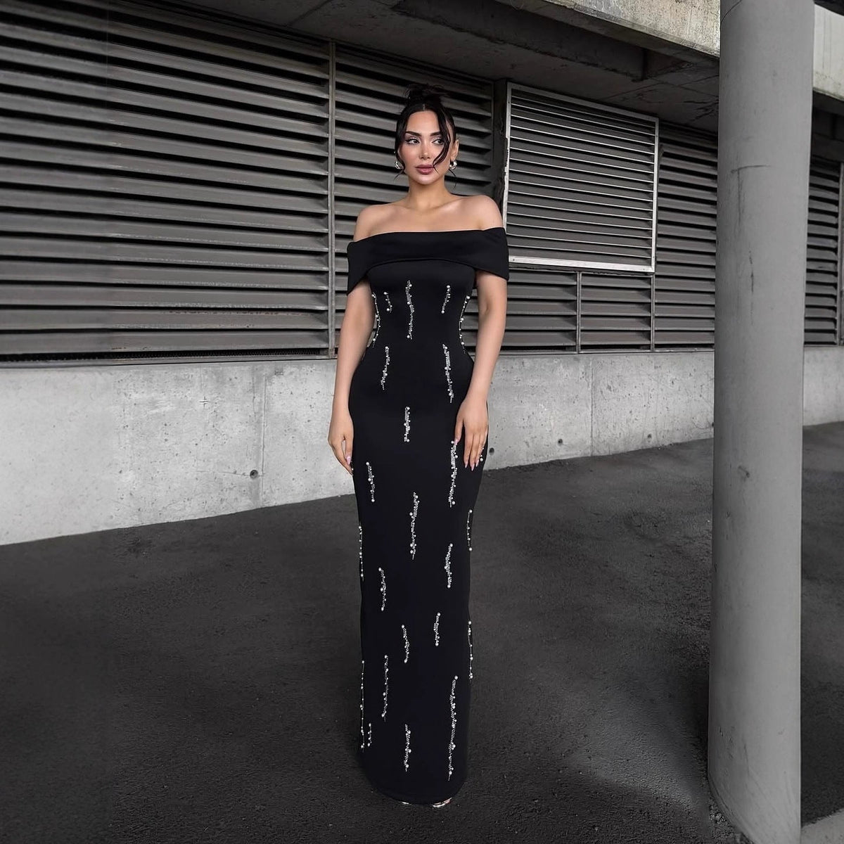 laurel Off-shoulder rhinestone bandage maxi dress in black Avalabel
