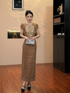 Sharon Appliqué Hollow Maxi Dress in Brown Avalabel