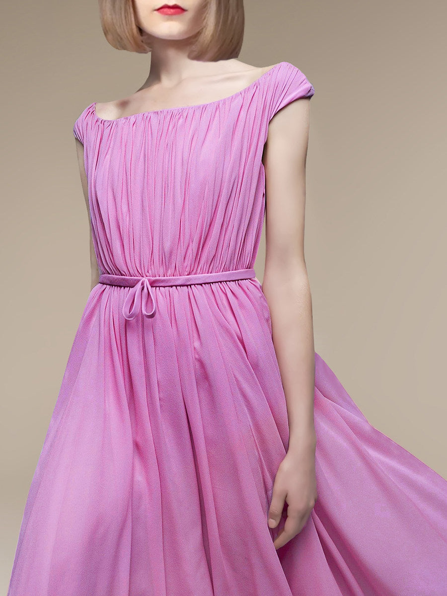 Pink One-Shoulder Pleated Dress Avalabel