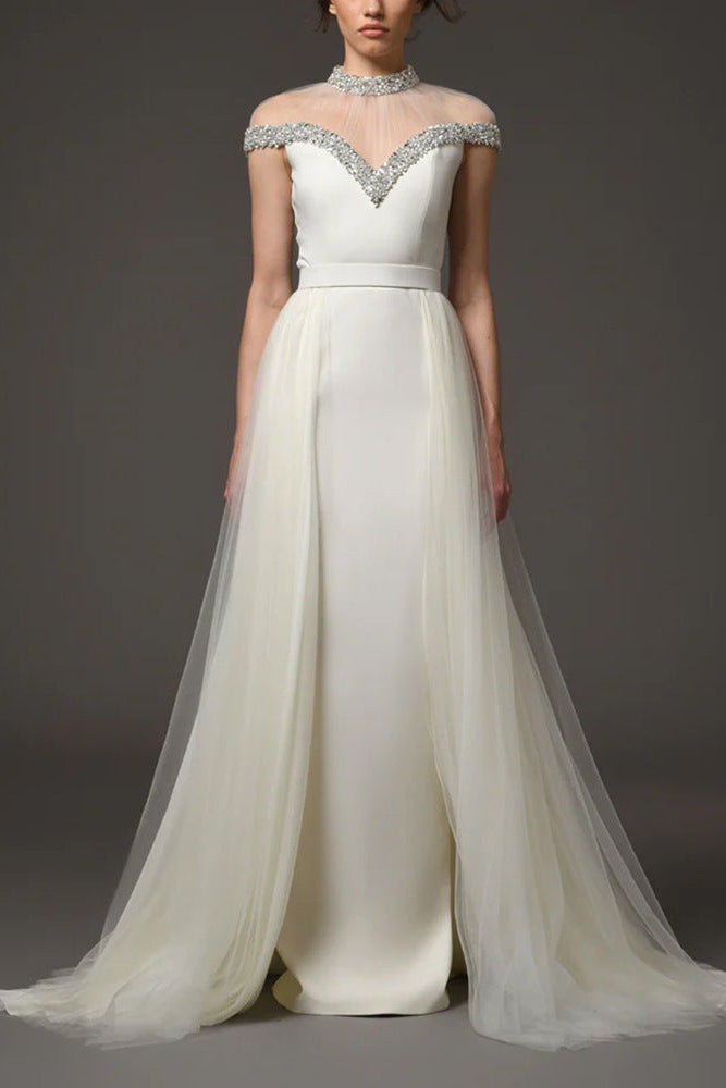 Mesh-Paneled Beaded Rhinestone-Embellished Maxi Dress - White Avalabel