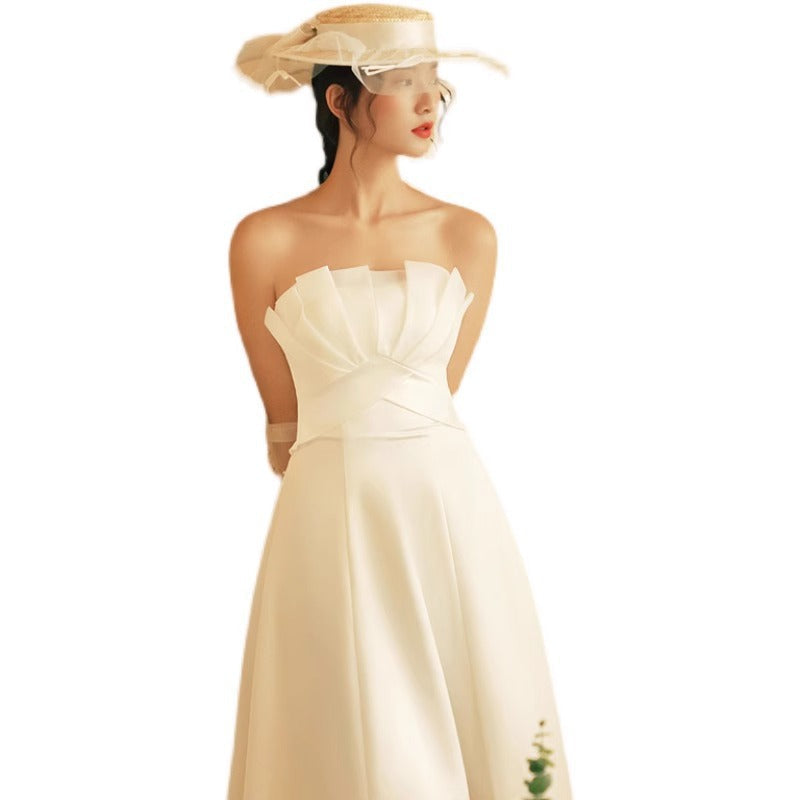 Louise French Satin Minimalist Slimming Princess-Style Light Weight Wedding Maxi Dress Avalabel