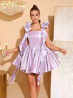 cara Bowknot satin puffy mini dress in purple Avalabel
