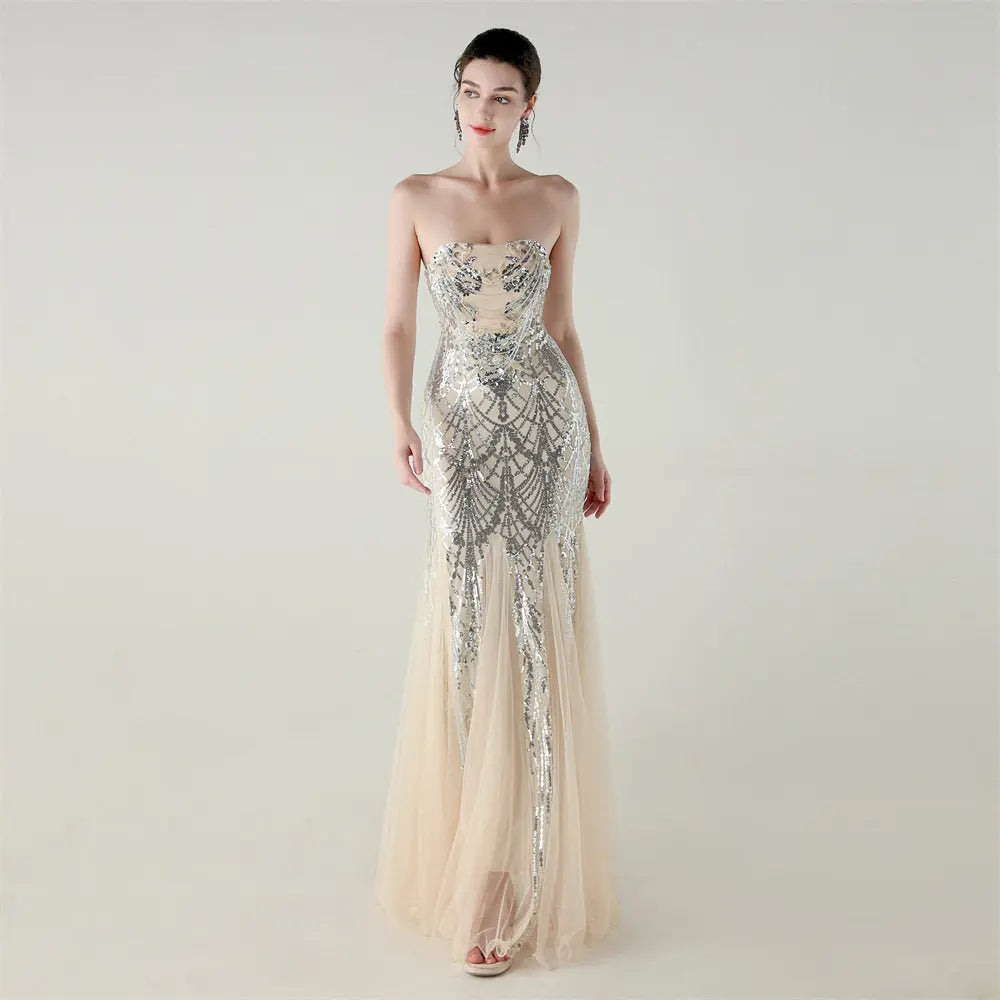 sequin strapless tulle maxi dress Avalabel