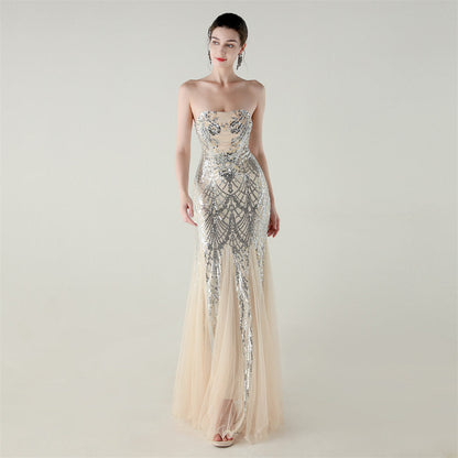 sequin strapless tulle maxi dress