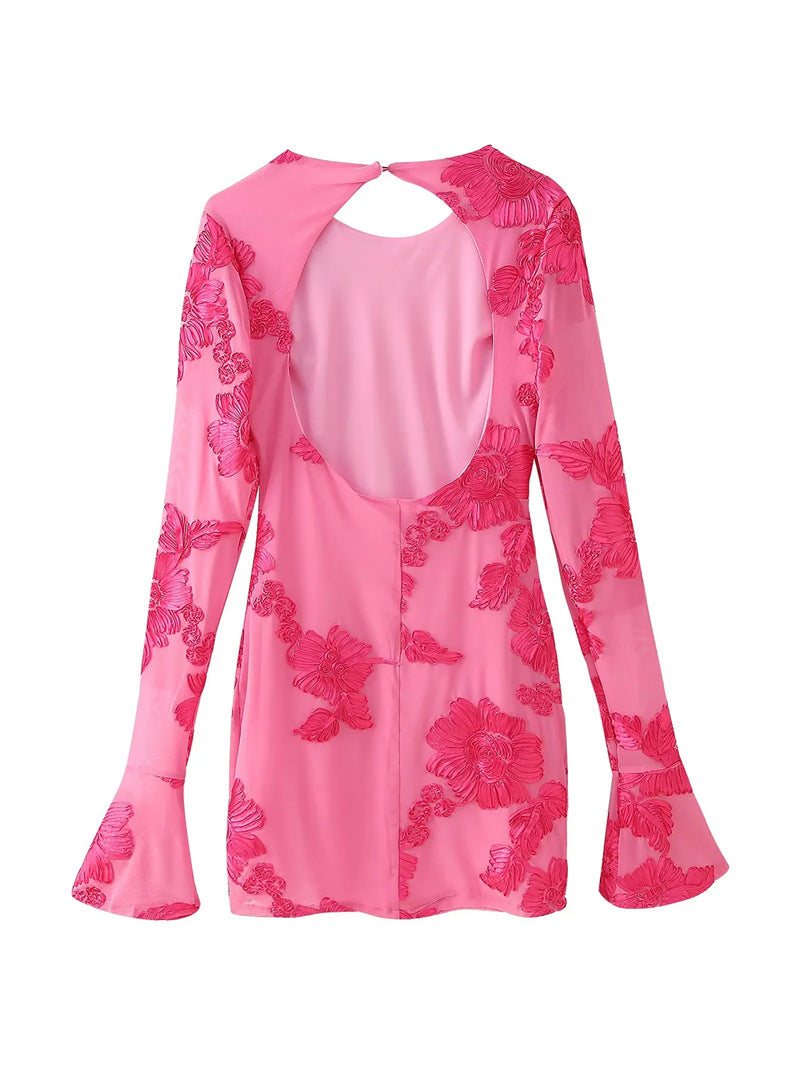 Nefertiti Yellow Backless Floral Flared Sleeve Slim Fit Mini Dress Avalabel
