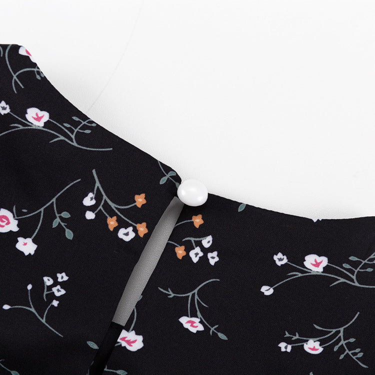Sebastiane Floral Print Ruffle Trim Midi Dress in Black Avalabel