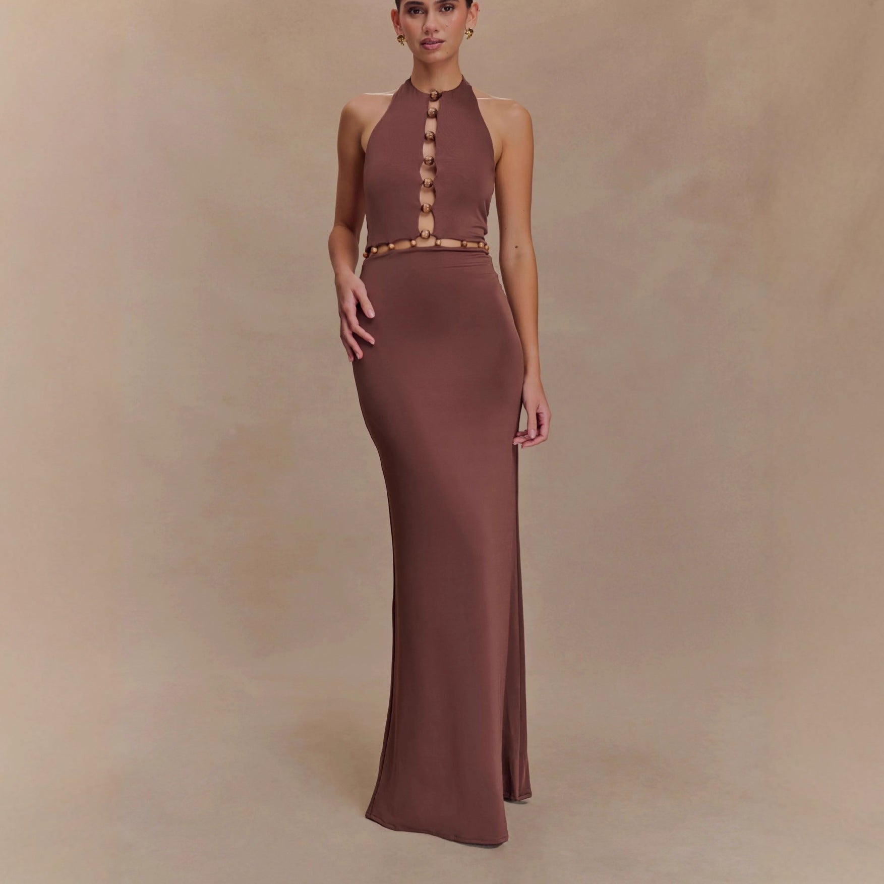 Brown Halterneck Open Back Maxi Dress Avalabel