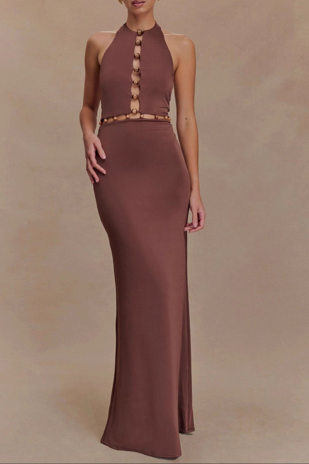Brown Halterneck Open Back Maxi Dress Avalabel