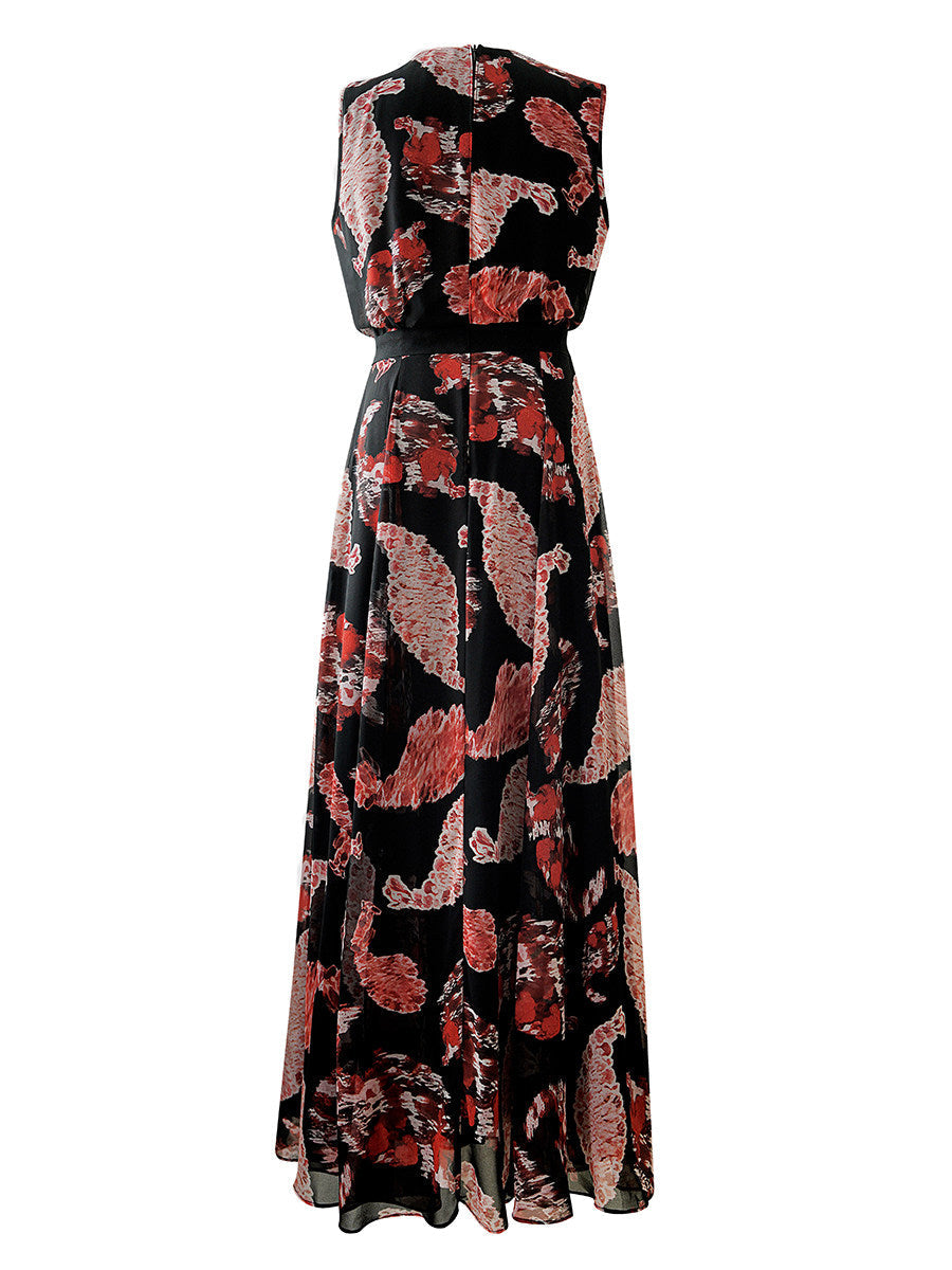 Black Printed  V-neck Sleeveless Maxi Dress Avalabel