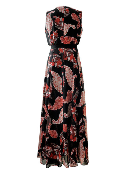 Black Printed  V-neck Sleeveless Maxi Dress