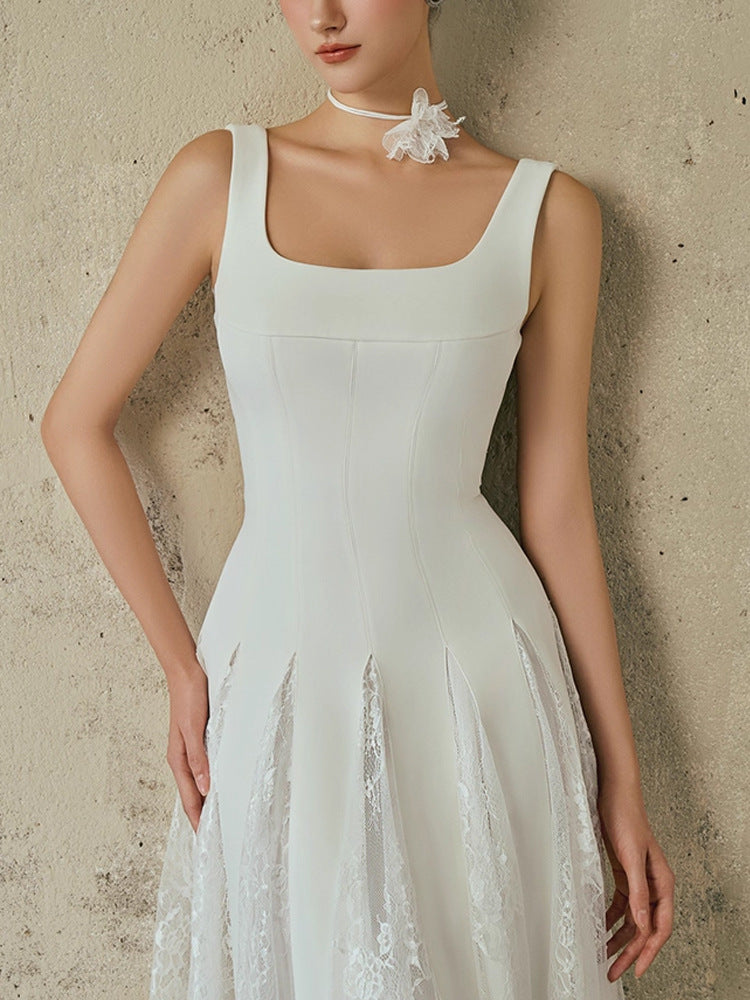 kitty square neck lace maxi dress in white Avalabel