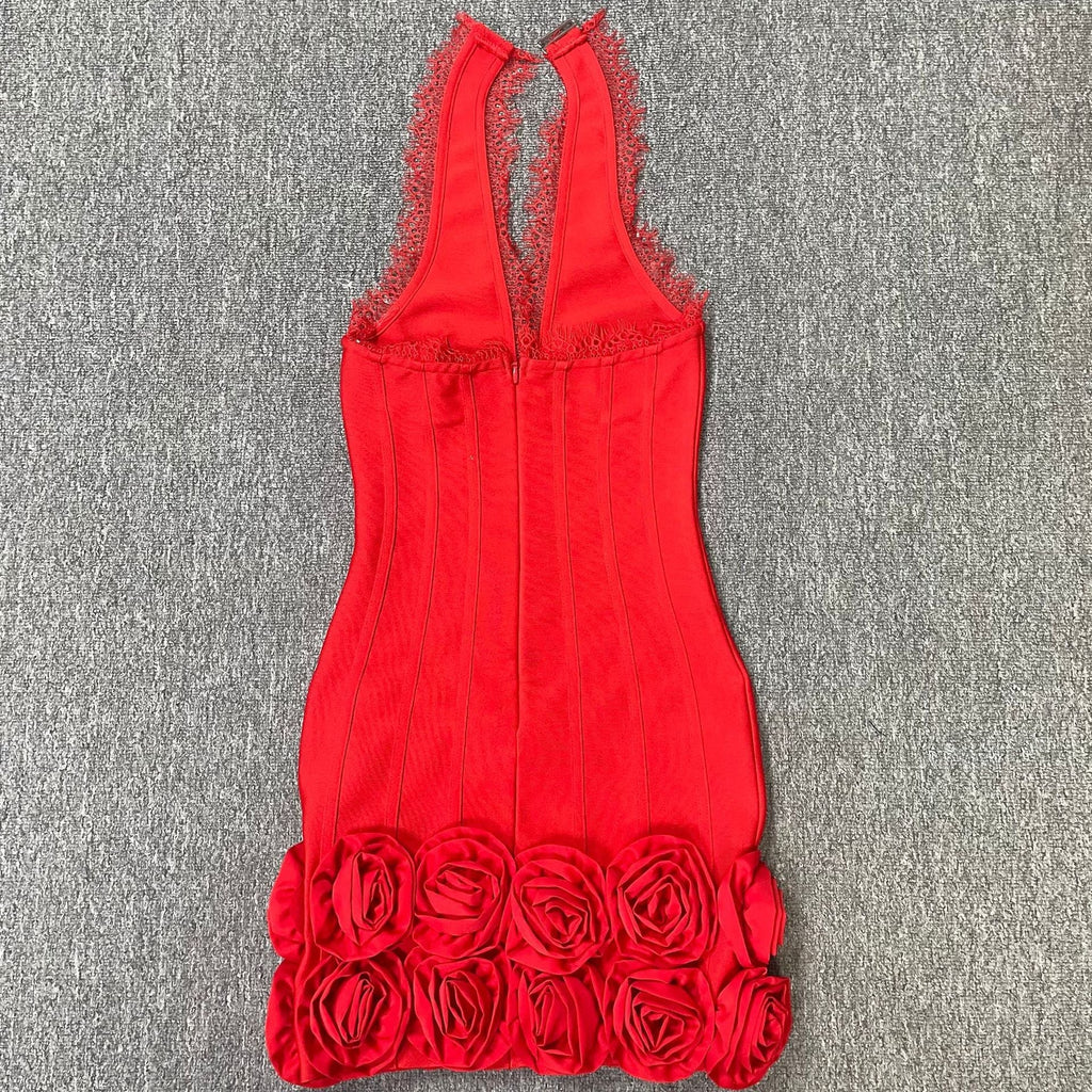louise Halter Neck Flower Bandage Mini Dress in red Avalabel
