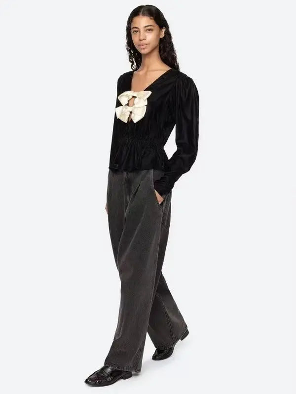 wallis black v-neck bow cutout velvet top Avalabel