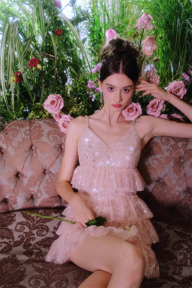 Pink Sleeveless Sequin layer ruffle short Dinner Dress Avalabel