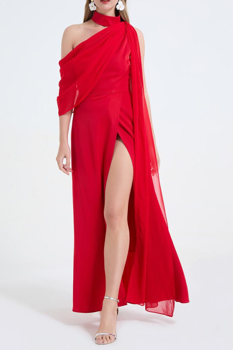 Tammy Tailored One-Shoulder Detachable Collar Maxi Dress in Red Avalabel