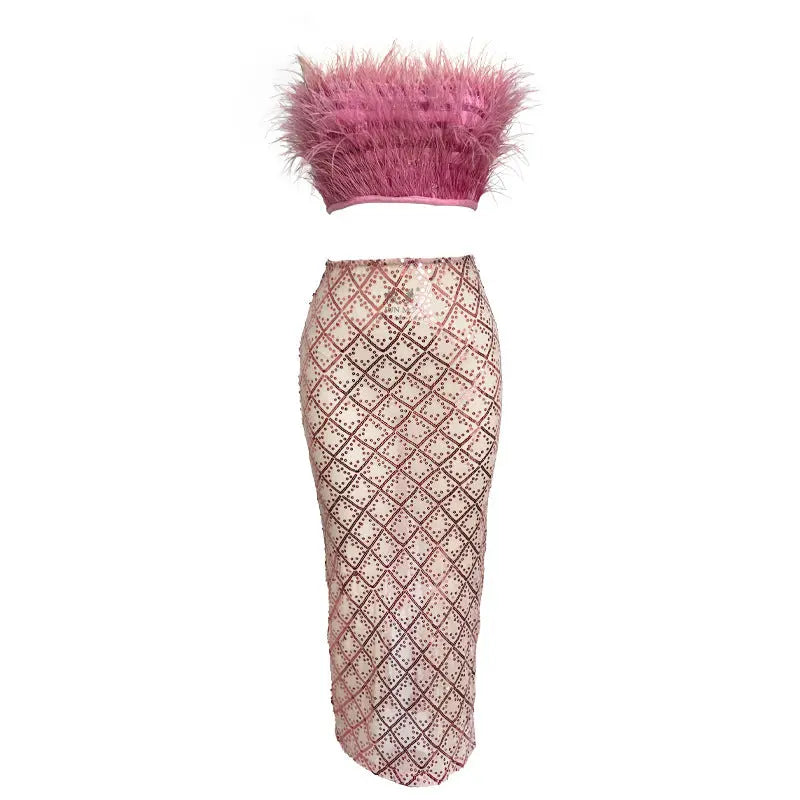 audrey pink feather top sequin Midi Skirt set Avalabel