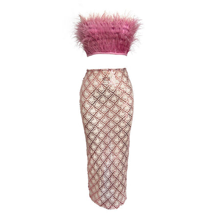 audrey pink feather top sequin Midi Skirt set