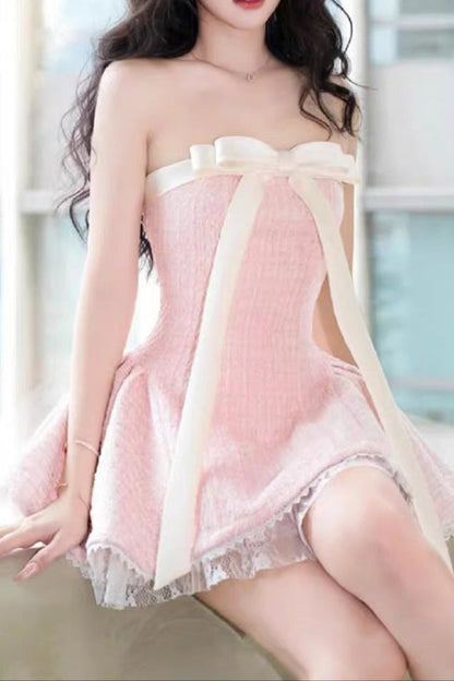 Bow Woven Lace Tube Top Mini Dress in Pink