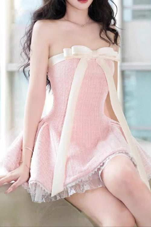 Bow Woven Lace Tube Top Mini Dress in Pink Avalabel