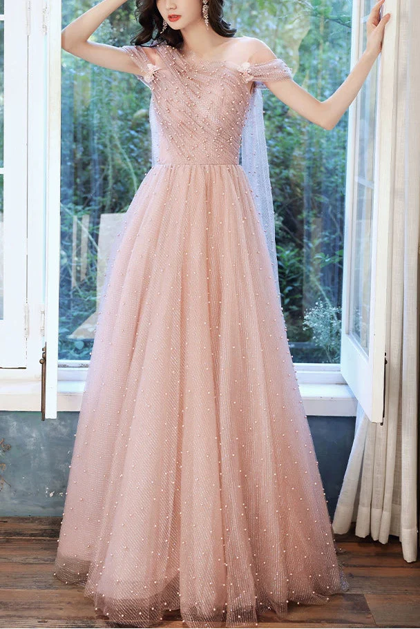 Pink one-shoulder pearl maxi evening dress