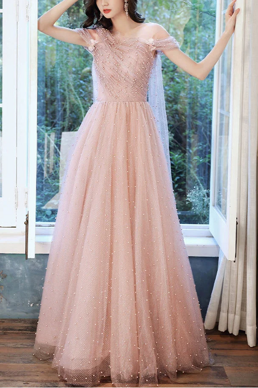 Pink one-shoulder pearl maxi evening dress