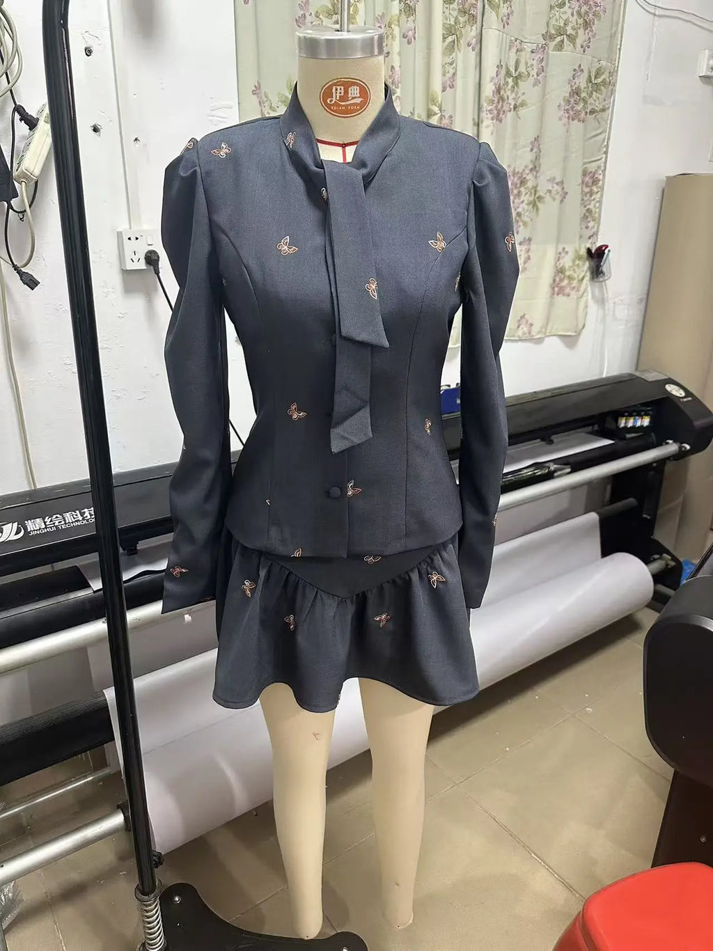 adora dark grey Butterfly Embroidered blazer mini skirt Set Avalabel